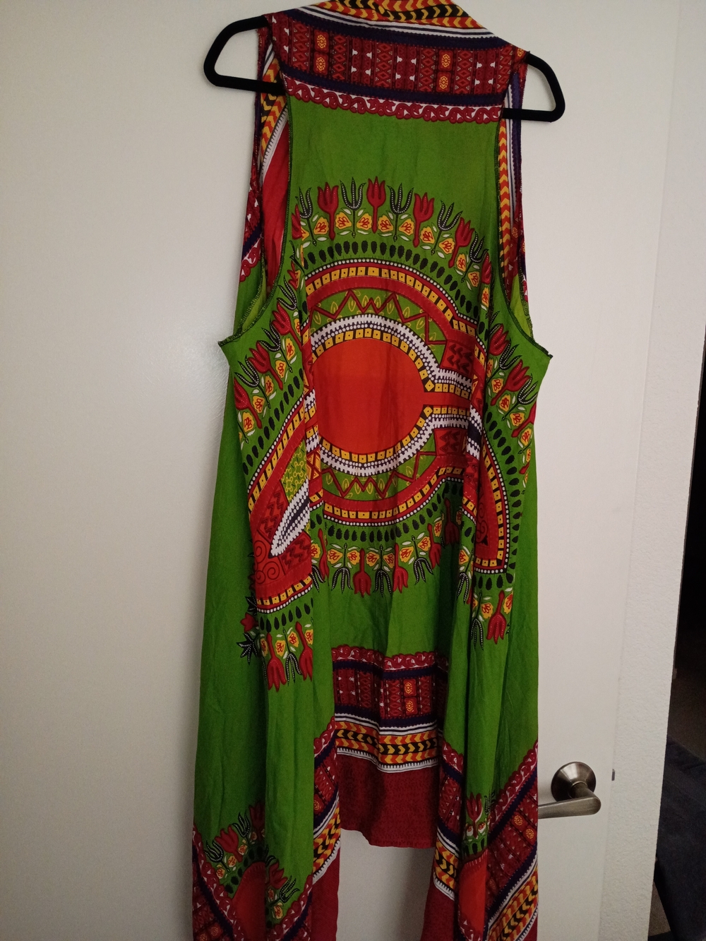 Vibrant Green and Dark Orange Ethnic Print Sleeveless Open Front Cover Up - Picture 8 of 8